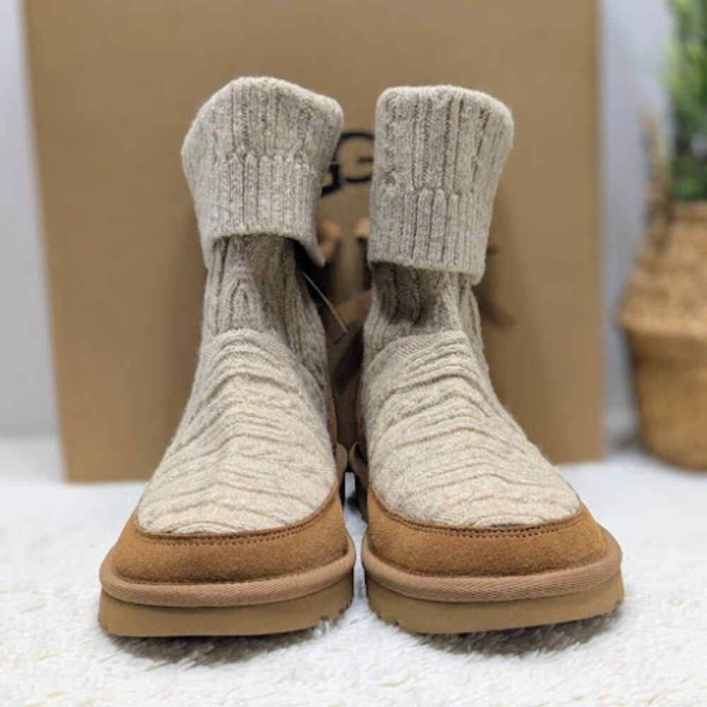 UGG Natural Chestnut Classic Mini Cabelle Knit Suede Leather Boots Women's 8 NIB - Picture 6 of 14